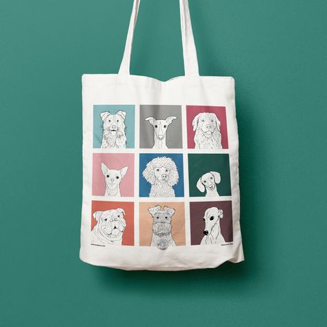 The image shows a white tote bag against a warm teal background.  The totebag has a 3 x 3 nine grid of digital illustrations - each of the head and shoulders of a different dog breed!  These are black and white, and set against a different brightly coloured box as their background. Arte Dachshund, Music Graphics, Dog Line, Dog Tote Bag, Dog Tote, Cats Tote Bag, A4 Prints, Cat Tote, Diy Tote Bag