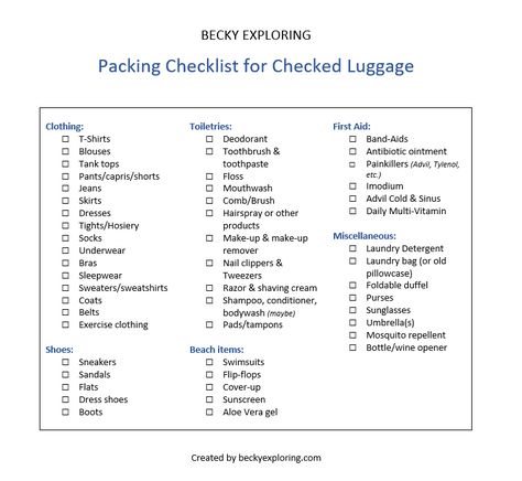 Packing Checklist for Checked luggage Checked Luggage Packing List, Luggage Size Guide, Checked Bag Packing List, How To Pack Checked Luggage, Suitcase Checklist, Luggage Packing List, Check In Luggage, Airplane Travel Essentials, Luggage Packing