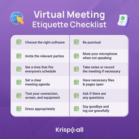 Virtual meetings have become increasingly common in the modern workplace, and it is important to follow proper etiquette to ensure that they are productive and professional. Here is a checklist to master the art of virtual meetings. #videomeetings #videoconference #careeradvice #businesstips #tipsforsuccess #modernworkplace #beproductive #properetiquette #krispcall Meeting Etiquette, Proper Etiquette, Virtual Meeting, Modern Workplace, Meeting Agenda, Dress Appropriately, Career Advice, Business Tips, The Modern