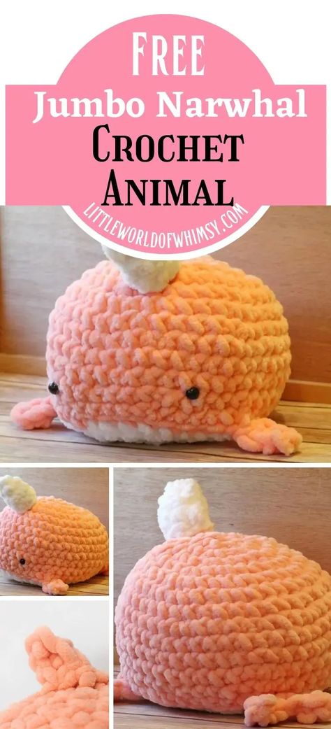 Jumbo Narwhal Free Crochet Pattern - Little World of Whimsy Yarn Animals, Easy Crochet Animals, Crochet Baby Toys, Crochet Animals Free Patterns, Beginner Crochet Projects, Crochet Amigurumi Free, Crochet Animal, Crochet Animal Patterns, Fun Crochet Projects