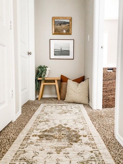 Hallway Runner Rug Over Carpet, Carpeted Hallway Ideas, Carpet Hallway Ideas, Carpet Apartment Ideas, Carpeted Apartment Ideas, Rug On Top Of Carpet, End Of Hallway Ideas, Hallway Runners Ideas, Grey And White Hallway