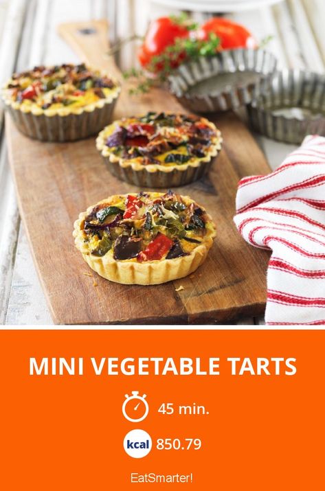 Mini Vegetable Tarts - 850 kcal - simple dish - So healthy is the recipe: 7.3/10 | A recipe idea by EAT SMARTER | Vegetable, vegetable tart, Tartlet #fruitvegetable #healthyrecipes Savory Tartlets Recipe, Vegetable Tartlets, Mini Tarts Savory, Vegetarian Pastries, Vegetable Tarts, Vegetable Tart Recipes, Tart Recipes Savory, Savoury Tarts, Veggie Pies