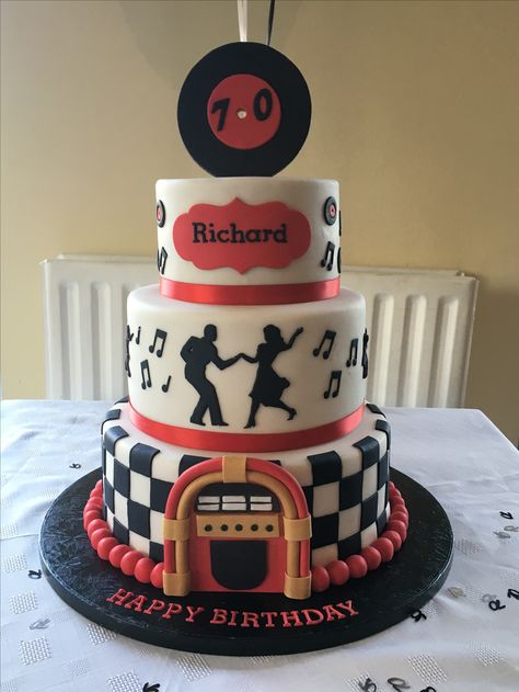 50's Themed Cake 50s Theme Cake Ideas, 1950 Cake Ideas, 50s Cake Theme, 50s Themed Birthday Cake, 1950s Cake Ideas, 50s Themed Cake, Grease Cake, Musician Cake, 50s Cake