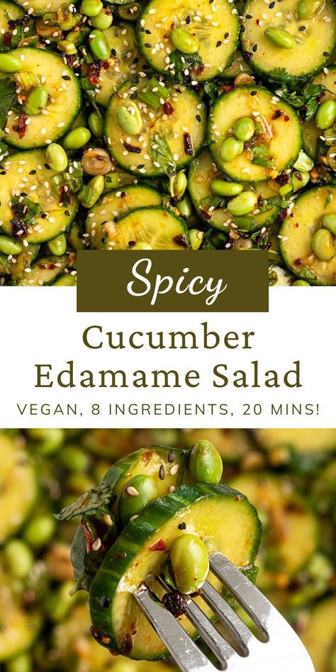 This is the BEST Spicy Edamame Cucumber Salad made with 8 easy ingredients! This Asian cucumber salad is made with rice vinegar, garlic, soy sauce, chili crisp, scallions, & cilantro for a vegan salad that is a refreshing dish when served as a side-dish, appetizer, or a healthy snack. Paleo Cucumber Recipes, White Bean And Cucumber Salad, Cucumber Edamame Salad, Power Salads, Spicy Edamame, Asian Salads, Cucumber Snacks, Spicy Cucumber, Edamame Recipes