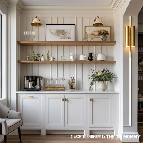 Home Decor Trends 2024: Get Them on a Budget | The DIY Mommy Cottage Style Wallpaper, Wet Bar Designs, Grandpa Chic, Living Room Upstairs, French Country Kitchen Designs, Diy Mommy, Home Wet Bar, Kitchen Shelf Decor, Built In Cabinet