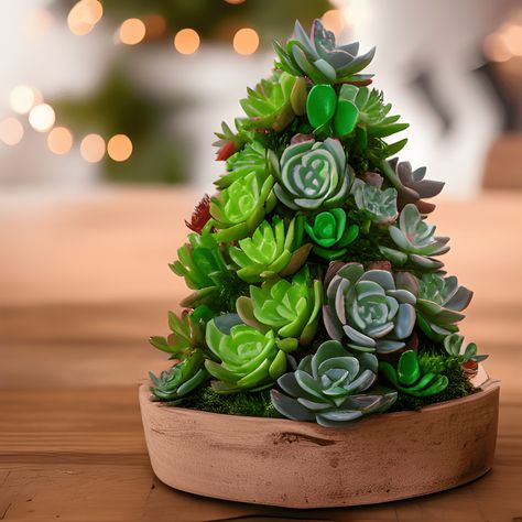 Succulent Christmas Centerpiece, Succulent Tree Christmas, Diy Succulent Christmas Tree, How To Make A Succulent Christmas Tree, Cactus Christmas Decor, Fall Succulent Arrangements, Christmas Succulents Gift, Succulent Christmas Tree Diy, Succulent Christmas Decorations