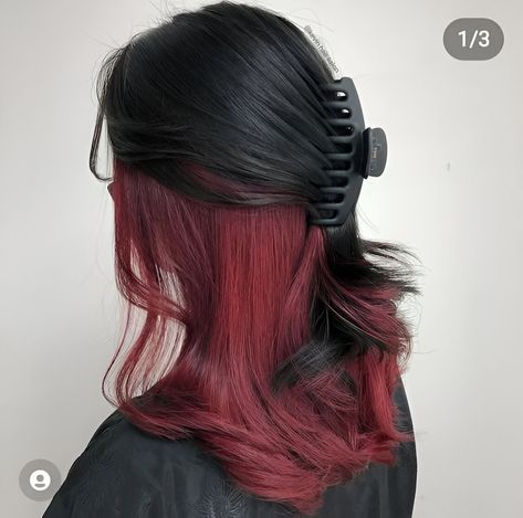 Red And Black Hair Ideas, Under Hair Color, Black Hair Ideas, Hair Color Underneath, Peekaboo Hair, Red Hair Inspo, Dyed Hair Inspiration, Hair Dye Ideas, Dye Colors