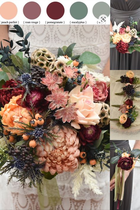 A sensational hedgerow bounty of peach, dusky pink, burgundy and sage, blackberries, currants, hypericum fruit, thistles, chrysanthemum, rose, tulips, peonies, astrantia major, scabiosa stellata pods and astilbe. Combined with dried helichrysum,  preserved and artificial eucalyptus for a beautiful contemporary rustic wedding Burgundy Sage Champagne Wedding, Scabiosa Stellata, Pink And Burgundy Wedding, Wedding Venue Decor, Autumn Wedding Decor, Astrantia Major, Wedding Colours, Artificial Eucalyptus, Wedding Venue Decorations