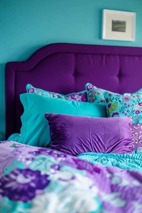 Purple and Turquoise Bedroom Ideas I Adore Teal Pink Purple Bedroom, Purple Wall Room Ideas Bedrooms, Girls Bedroom Ideas Turquoise, Purple Bedroom Ideas For Kids, Purple And Teal Bedroom, Purple And Blue Bedroom, Purple Teal Bedroom, Teal Kids Room, Turquoise Bedroom Ideas