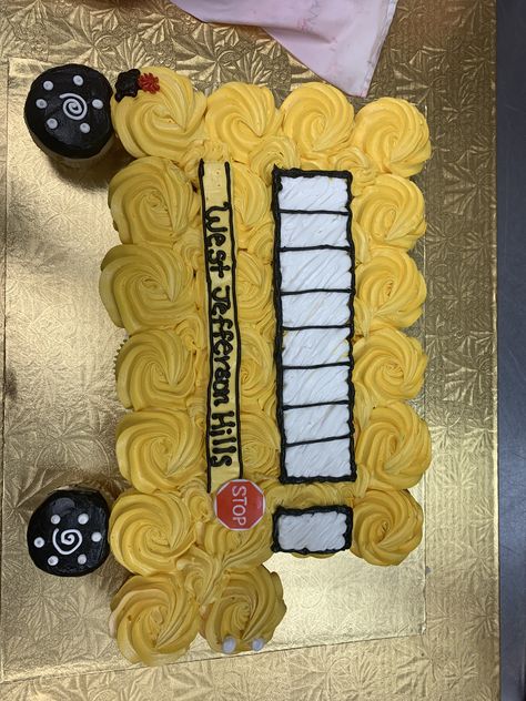 Bus Driver Retirement Cake, Bus Cupcake Cake, School Bus Second Birthday, School Bus Cupcake Cake, School Bus 2nd Birthday, School Bus Party Food, 2nd Birthday Bus Theme, School Bus Themed Birthday Party, School Bus Birthday Theme