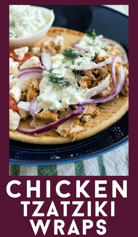 Oven-roasted Greek chicken is carved and loaded into a flatbread pita with homemade tzatziki sauce, feta cheese, red onion, and tomatoes. #recipe #chicken #tzatziki #cucumber #greek #gyro #wrap #flatbread #pita #sandwich Chicken Tzatziki, Gyro Wrap, Greek Lemon Potatoes, Flexitarian Recipes, Homemade Tzatziki Sauce, Chicken Pita, Tzatziki Recipes, Greek Chicken Recipes, Chicken Grilled