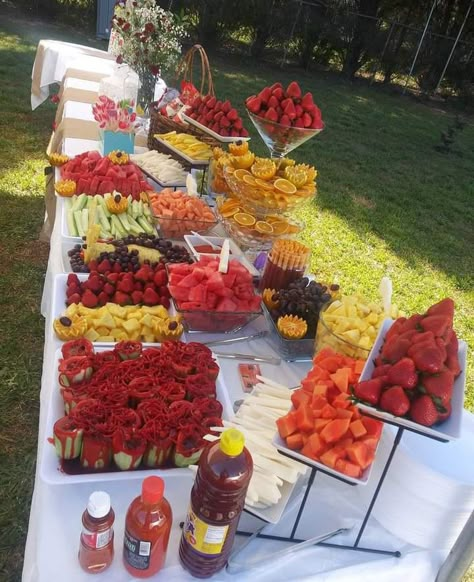 Chamoy Fruit Platter, Fruit And Tajin Bar, Fruit Platter Table, Snack Bar Ideas For Party, Wedding Table Snacks Receptions, Mexican Theme Party Dessert Table, Fruit Tables For Quinceanera, Candy And Fruit Table Ideas, Mexican Candy Dessert Table