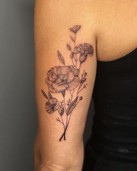 180+ Beautiful Birth Flower Tattoo Ideas (2023) - TattoosBoyGirl Poppy Carnation Tattoo, Carnation Flower Tattoo Arm Sleeve, Tattoos Of Carnations, Large Carnation Tattoo, Carnation Flower Tattoo Hip, Carnation Arm Tattoo, Carnation And Poppy Flower Tattoo, Carnation Hip Tattoo, Carnation And Poppy Tattoo