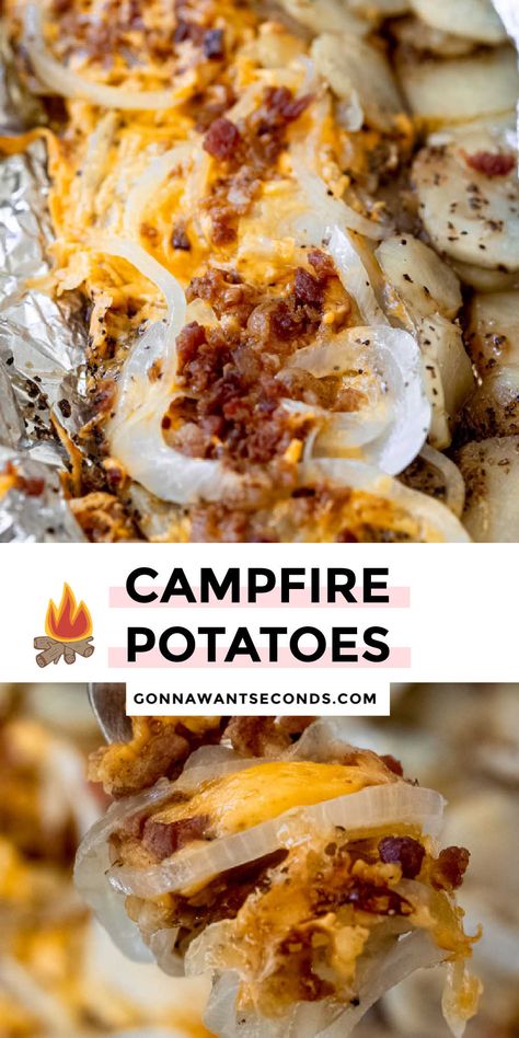 Campfire Potatoes Camping Food Easy Simple, Camping Dinner Sides, Fall Campfire Recipes, Camping Potato Recipes, Camping Meals Over The Fire, Camping Food Over Fire, Easy Camping Food Ideas Simple, Easy Camping Meals Lunch, Campfire Baked Potatoes