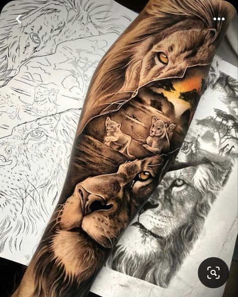 Lion Cub Tattoo, Family Sleeve Tattoo, Scenery Tattoo, Lion Forearm Tattoos, Family Tattoos For Men, Cubs Tattoo, Animal Sleeve Tattoo, Lioness Tattoo, Father Tattoos