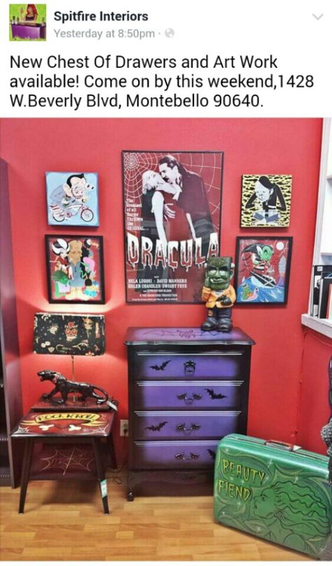 Coolsville #SpitfireInteriors #Rockabilly #Psychobilly #LA Gothabilly Decor, Rockabilly Decor, Rockabilly Aesthetic, Rockabilly Home Decor, Surf Decor, Gothic Aesthetic, Psychobilly, Gothic Home Decor, Gothic House