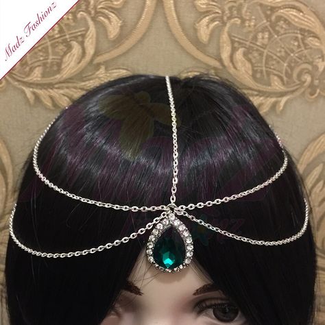 Green Headpiece, Prom Hair Jewelry, Head Chain Jewelry, Nose Jewels, Bridal Nose Ring, Jewelry Prom, Matha Patti, Prom Hair Accessories, Silver Head Piece