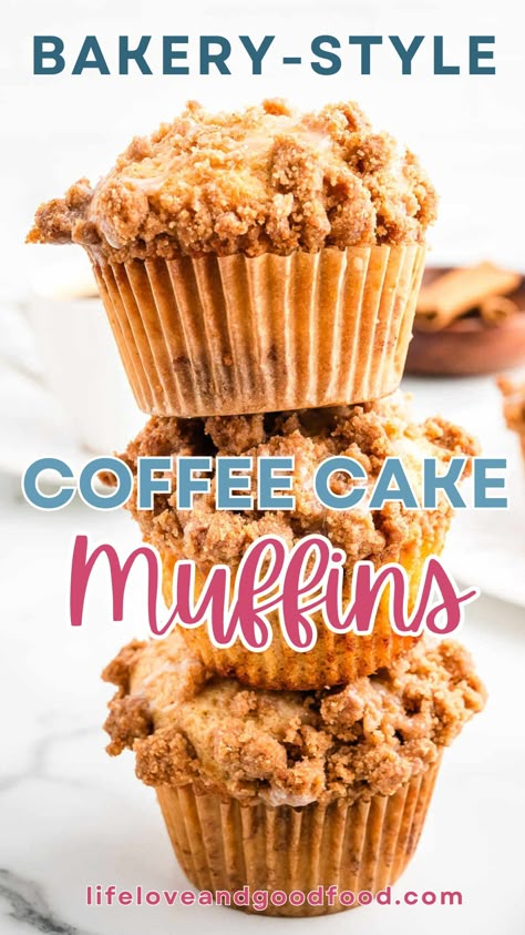 These Bakery-Style Coffee Cake Muffins with Streusel are made with a moist sour cream coffee cake crumb, sweet cinnamon sugar layer, and delicious crumb topping. Topped with a homemade vanilla glaze, I’d say these muffins are even better than your favorite coffee shop! Whether you're pairing it with your morning coffee or treating yourself to an afternoon snack, each bite is packed with a rich blend of delicious cinnamon and vanilla flavor. Coffee Cake Muffin Recipes, Muffins With Streusel Topping, Chocolate Muffin Recipe, Bakery Style Muffins, Small Batch Recipes, Coffee Cake Muffins, Sour Cream Coffee Cake, Batch Recipes, Banana Muffin Recipe