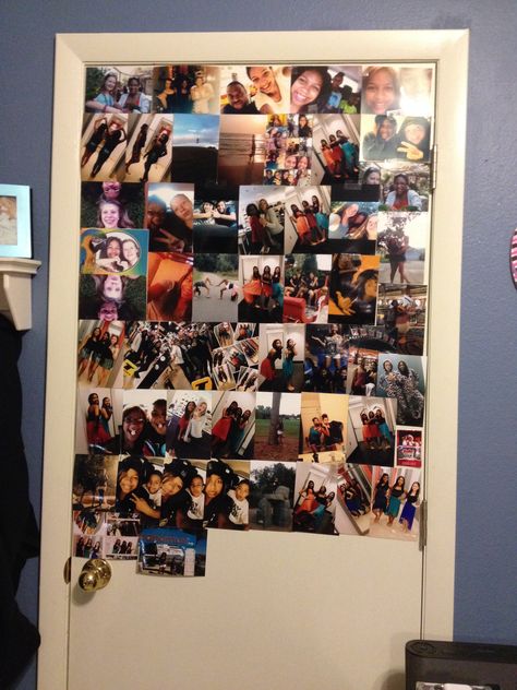 Do this to a door or wall and keep adding pictures as the year goes on Photo Wall Collage Closet Door, Picture Door Ideas Bedroom, Door Collage, Homely Decor, Classroom Door Decorating, Adorable Crafts, Picture Walls, Bear Cave, College Things