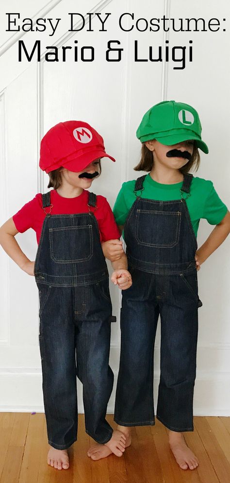 Easy DIY Kids Halloween Costumes: Mario and Luigi || The Chirping Moms #marioandluigi Halloween Costumes Mario And Luigi, Easy Diy Kids Halloween Costumes, Halloween Costumes Mario, Mario Costume Diy, Mario And Luigi Costumes, Diy Kids Halloween Costumes, Easy Kids Costumes, Easy Diy Kids, Diy Costumes Kids Boys