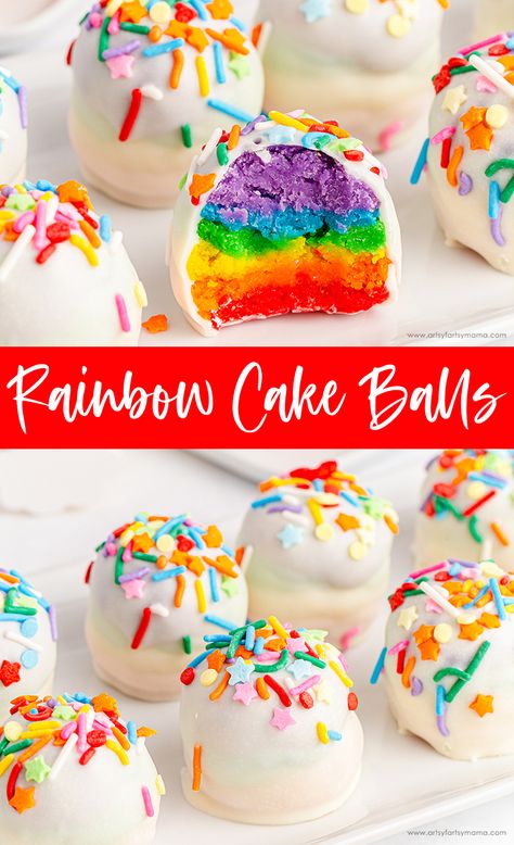 Rainbow Cake Balls #easyrecipe #nobakerecipes #easyrecipes #stpatricksday #rainbow #rainbowrecipe #partyfood #partyrecipes #cakeballs #dessert Pride Cake Pops, Rainbow Food Ideas Party Treats, Pride Food Ideas, Unique Cake Pops, Pride Recipes, Pride Desserts, Rainbow Food Ideas, Pride Cookies, Ginger Cakes