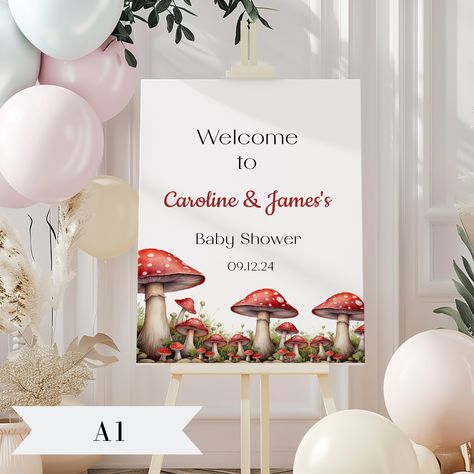 Mushroom Baby Shower Welcome Sign | A Little Funguy Is On The Way | Editable Mushroom Baby Shower | Woodland Welcome Poster | L00F2 by Luxxzi on Etsy Justin Baby, Baby Shower Sign, Welcome Poster, Shower Welcome Sign, Baby Shower Welcome Sign, Shower Sign, Baby Shower Signs, Baby Shower Woodland, Banners Signs