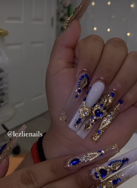 Prom Nails Acrylic Rhinestones, Extra Birthday Nails Virgo, Dark Blue Quinceanera Nails, White Long Nails With Rhinestones, Cute Birthday Nails Coffin Long, Wedding Blue Nails, Coffin Acrylic Nails With Rhinestones, Royal Nail Designs, Gold And Royal Blue Nails