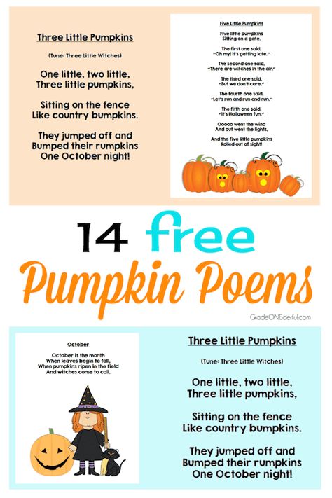 14 Free Pumpkin Poems for Kids #poemsforkids #halloween #pumpkinpoems #gradeonederful Inspiration For Teachers, Halloween Rhymes, Pumpkin Poem, Pumpkin Story, Halloween Writing Activities, Kindergarten Poems, Time Poem, Autumn Poems, Halloween Poems