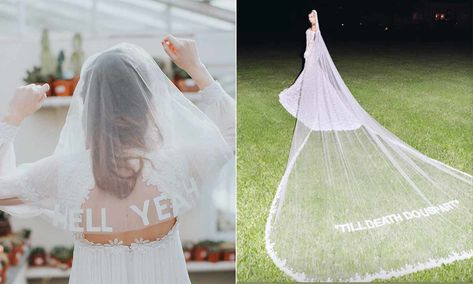 How to rock the statement wedding veil trend like Hailey Bieber | HELLO! Writing On Veil, Hailey Baldwin Wedding Dress, Hailey Bieber Wedding, Untraditional Wedding Dress, Shoulder Length Veil, Dramatic Veil, Celebrity Bride, How To Dress For A Wedding, Beautiful Veil