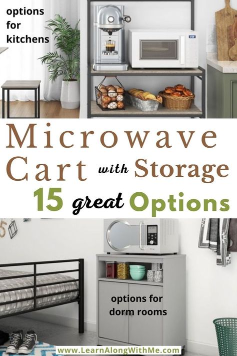 A good microwave cart with storage built in can help you tidy up your kitchen, dorm room or office lunch room. 
And getting one on wheels allows you to roll it out of the way when needed: this is good for cleaning behind the cart.
Some of these microwave carts have closed storage cabinets to keep stuff out of sight. And others are open-faced shelves. 
Click to read more... Snack Storage Ideas, Spice Storage Ideas, Snack Organization, Spice Rack Ideas, Microwave Storage, Microwave Cart, Kitchen Appliance Storage, Family Snacks, Kitchen Storage Cart