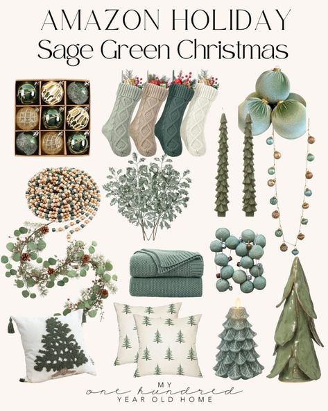 Collage of sage green Christmas decor, featuring the classic Christmas colors in stockings, ornaments, wreaths, garlands, trees, and pillows. Green And Grey Christmas Decor, Green Christmas Tree With White Decorations, Sage Green And Gold Christmas Decor, Sage Green Christmas Decorations, Christmas Tree Sage Green, Christmas Green Color Palette, Sage Green Christmas Tree Decor, Green Theme Christmas Tree, Sage Christmas Decor