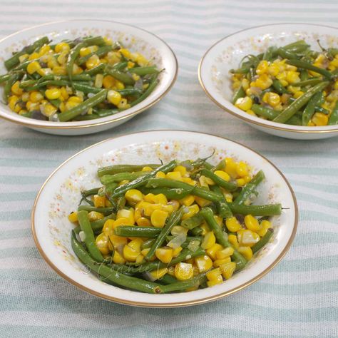 Corn Peas Carrots Green Beans, Green Beans And Corn Recipes, Green Beans And Corn Side Dishes, Green Bean And Corn Recipes, Goulash With Corn, Green Beans And Corn, Corn And Green Beans, Thanksgiving Corn, Thanksgiving Green Beans