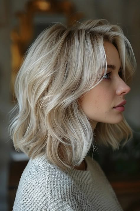 White Blonde Shoulder Length Hair, Short Champagne Blonde Hair, Thick Blonde Curly Hair, Short Blonde Root Smudge, Blonde Trends 2024, Short Blonde Hairstyle Women, Blonde Summer Hair 2024, Short Golden Blonde Hair, Blonde Hair 2024