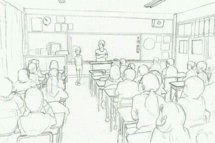 Classroom Pov Sketch, Classroom With Students Drawing, Classroom Scene Drawing, Class Drawing School, Classroom Drawing Sketch, Classroom Sketch, Sketch Classroom, Classroom Drawing, Class Sketch