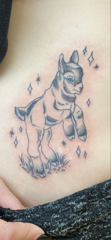 Pygmy Goat Tattoo, Goat Tattoos For Women, Moonrise Tattoo, Goat Tattoo Cute, Baby Goat Tattoo, Baby Goat Drawing, Cute Goat Tattoo, Goat Tattoo Design, Sparkles Tattoo