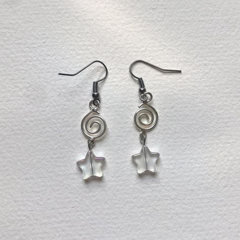 🌀 earrings • handmade spiral and star earrings •... - Depop Diy Star Earrings, Wired Earrings, Aesthetic Star Earrings, Cute Handmade Star Jewelry, Star-shaped Earrings With Ear Wire For Everyday, Silver Star-shaped Earrings With Ear Wire, Home Made Earrings, Handmade Earrings Ideas, Handmade Kawaii Silver Earrings