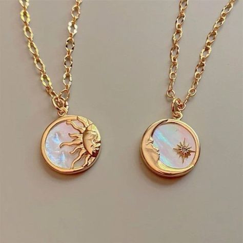 Bff Necklaces For 2 Gold, Best Friend Jewelry For 2, Best Friend Necklaces For 2, Universe Necklace, Luna Jewelry, Best Friends Necklace, Lunar Jewelry, Glowing Moon, Iridescent Shell