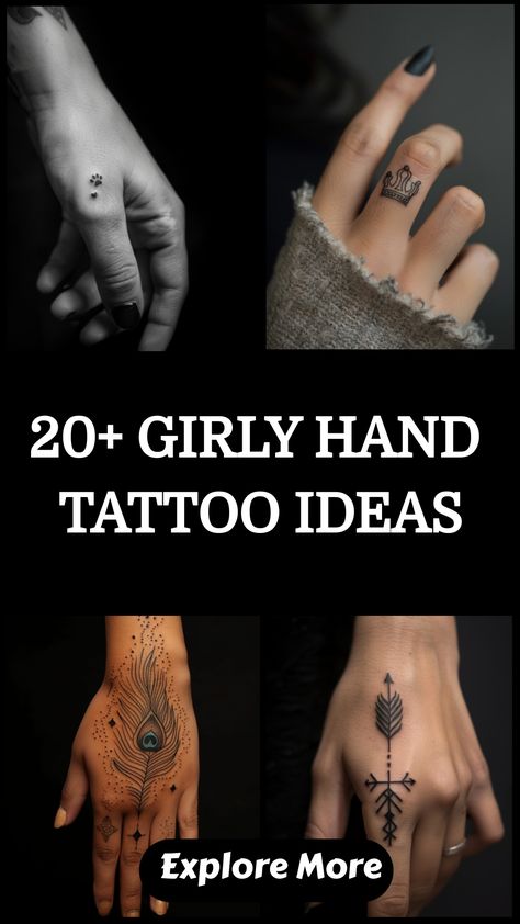 Girly hand tattoo ideas featuring small, intricate designs like crowns and peacock feathers. Hand Placement Tattoos For Women, Hand Tattoos For Women Wrap Around, Small Girly Hand Tattoos, Dainty Arm And Hand Tattoos, Crystal Hand Tattoo, Cute Hand Tattoos Small Simple, Finger To Arm Tattoos, Dainty Hand Tats, Hand Placement Tattoo