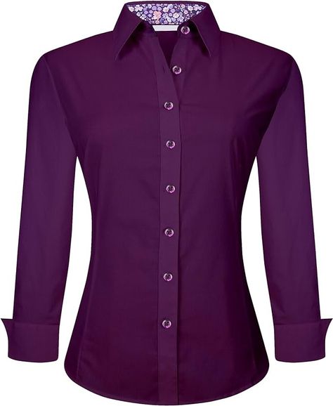 Womens Dress Shirts Wrinkle Free Regular Fit Long Sleeve Stretch Work Shirt,Purple,M at Amazon Women’s Clothing store Womens Dress Shirts, Shirt Wrinkles, Long Sleeve Fitted Dress, Black Button Down Shirt, Women's Button Down Shirt, Womens Business Casual, Work Shirt, Dress Shirts For Women, Womens Dress