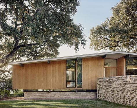 Minimal Backyard, Brian Johnson, Limestone Wall, Midcentury Home, Cedar Siding, Austin Homes, Dark Interiors, Ground Floor Plan, Good House