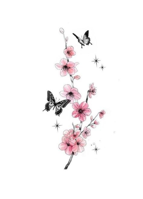 Butterfly Blossom Tattoo, Butterflies Around Flowers Tattoo, Flowering Vines Tattoo, Sakura Butterfly Tattoo, Sakura Cherry Blossom Tattoo, Japanese Cherry Blossom And Butterfly Tattoo, Butterflies And Cherry Blossom Tattoo, Cherry Blossom Tattoo On Back Spine, Pretty Arm Tattoos For Women Sleeve