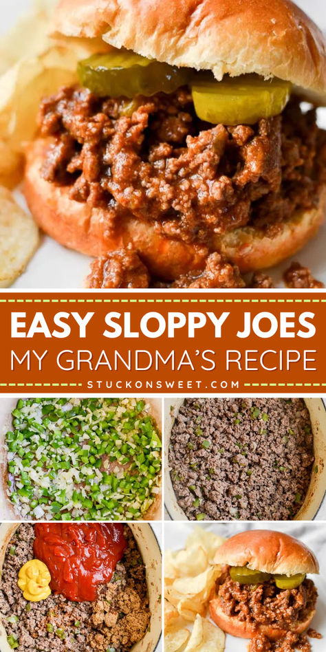 Easy Sloppy Joes (My Grandma’s Recipe) is an easy homemade meal for a quick weeknight dinner! With ground beef, ketchup, yellow mustard, and Tabasco sauce, served on a bun with bread and butter pickles. Enjoy this delicious dish tonight! Sweet Sloppy Joe Recipe Brown Sugar, Sloppy Joe’s, Ground Beef Sandwich Recipes, Easy Sloppy Joes, Healthy Sloppy Joes, Homemade Sloppy Joe Recipe, Sloppy Joes Easy, Sloppy Joe Casserole, Bread And Butter Pickles