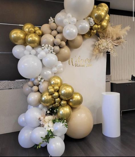 Birthday Colour Scheme, Aesthetic Backdrop, Champagne Tower, An Aesthetic, Gold Balloons, The Client, Balloon Arch, Colour Scheme, Balloon Garland