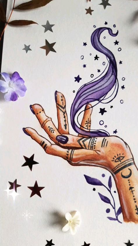 Illustration of Boho Witch hands Witchy Hand Drawing, Witchy Illustration Art, Witch Hands Drawing, Witchcraft Art Drawing, Witchy Drawings Art, Hand Holding Magic, Magic Book Drawing, Celestial Sketch, Witch Art Drawing