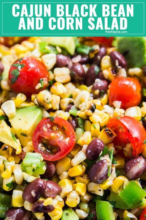 Cajun Black Bean and Corn Salad is an excellent no-mayo salad option to bring to a picnic and a great meal prep option for a light lunch you can eat all week. Made with fresh grilled corn, black beans, tomatoes, peppers, green onion and avocado with a lightly spicy cajun lime dressing, this is a new family favorite recipe! Cajun Salad, Cajun Meals, Corn And Black Bean Salad, Black Bean And Corn Salad, Deli Salads, Bean And Corn Salad, Big Salads, Corn And Black Bean, Recipe Vegetables