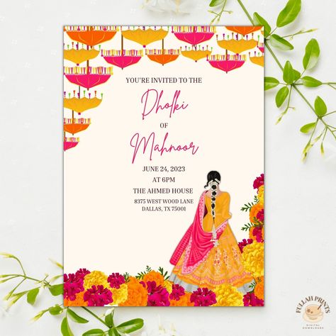 5x7 in. colorful dholki invitation, editable template, digital invitation, mayoun invite, haldi invite, mehndi invite🧡 Head over to Etsy to purchase! @FullahPrints Dholki Illustration, Dholki Invitation Cards, Dholki Cards, Dholki Invitation Template, Mehndi Invite, Mehndi Invitation, Mehndi Mehndi, Illustration Colorful, Digital Invitations Wedding