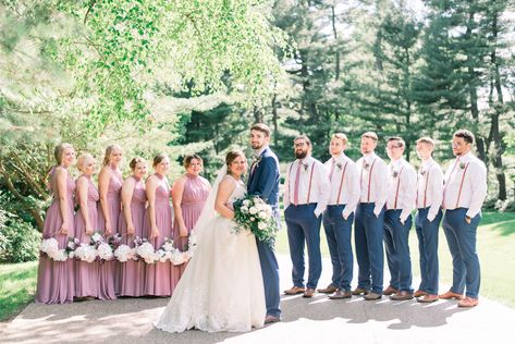 bridal party pose ideas |  Mauve and navy backyard wedding in Midland Michigan | Wedding pictures at Dow Gardens in Midland Michigan | Light pink and navy wedding ideas | Gigi Boucher Photography | Iowa wedding photographer Groom Converse Outfit, Navy And Pink Wedding Party, Groomsmen Attire Blush Pink, Groomsmen Pink Attire, Blue And Pink Bridal Party, Light Pink Bridal Party, Mauve Bridesmaid Dress With Groomsmen, Mauve Groomsmen Attire, Mauve Wedding Party