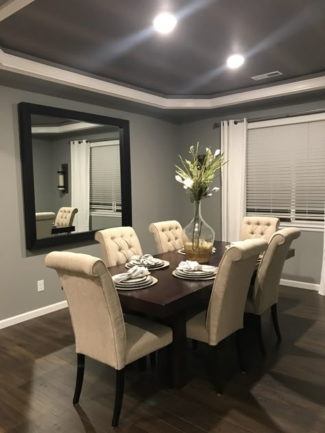 Dinning Room Design Simple, Relaxing Dining Room Ideas, House Decorating Ideas Dining Room, Beige And Brown Dining Room, Dining Room Paint Color Ideas Brown, Grey Beige Dining Room, Dark Brown Table Decor Dining Rooms, Dining Room Decor Modern Classy Simple, Brown Dining Room Ideas