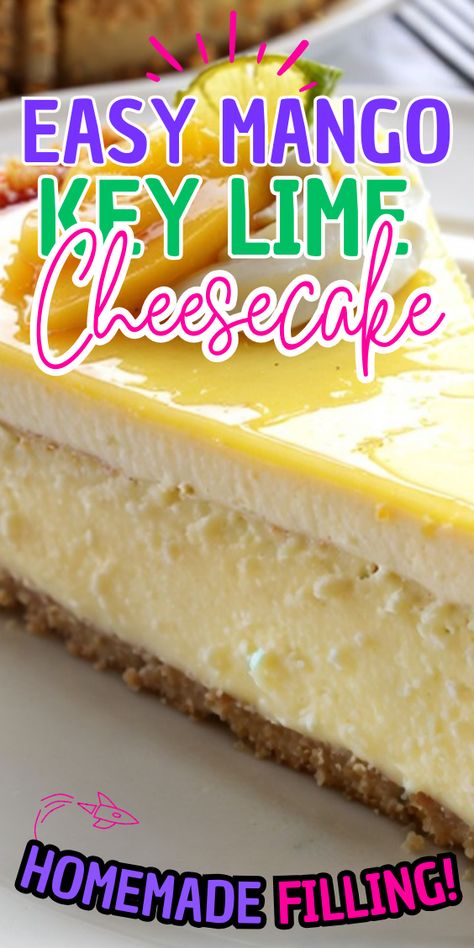 Mango Key Lime Cheesecake Mango Key Lime Cheesecake Factory Recipe, Mango Lime Cheesecake, Mango Key Lime Cheesecake, Key Lime Cheesecake Recipe, Delicious Cheesecake Recipes, Tropical Desserts, Key Lime Cheesecake, Coconut Cheesecake, Mango Cheesecake