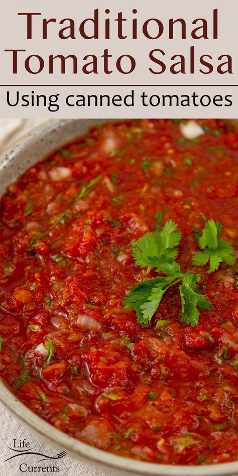 a large bowl of tomato salsa garnished with cilantro leaves, title on top: Traditional Salsa Recipe using canned tomatoes. Salsa With Crushed Tomatoes, Salsa From Canned Diced Tomatoes, Salsa Recipe Using Canned Tomatoes, Traditional Salsa Recipe, Mild Salsa Recipe, Hot Salsa Recipes, Salsa With Canned Tomatoes, Canned Tomato Recipes, Canned Salsa Recipes